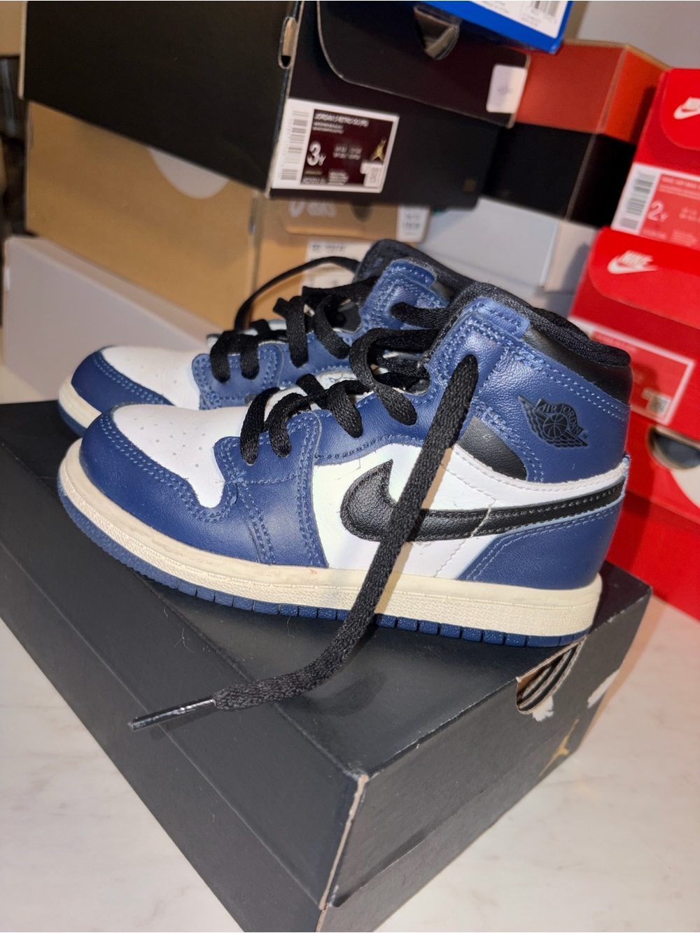 Jordan Kids High-Top Sneakers in White, Navy & Black